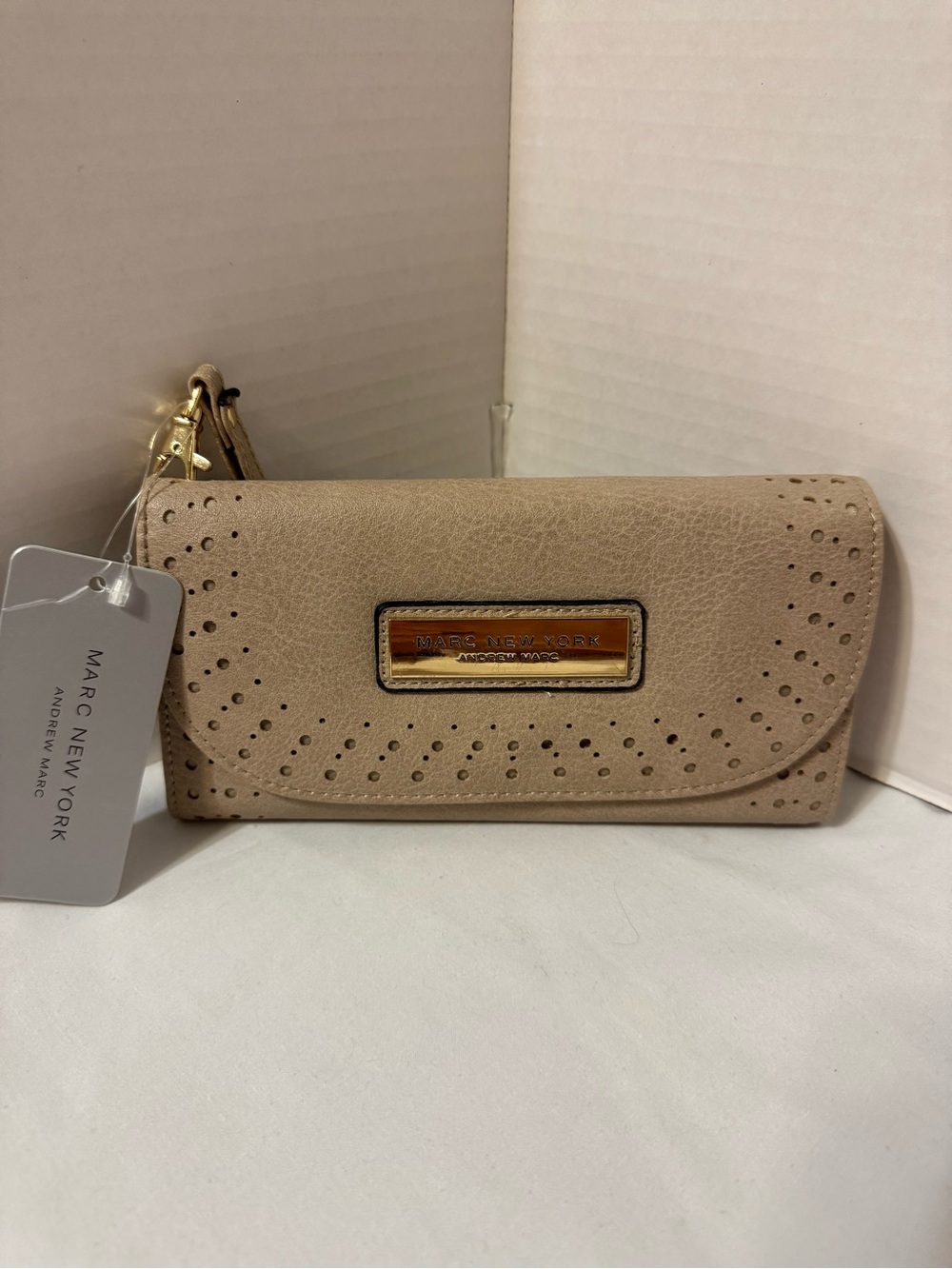 Marc New York Beige Perforated Flap Wristlet Clutch with Gold Plaque